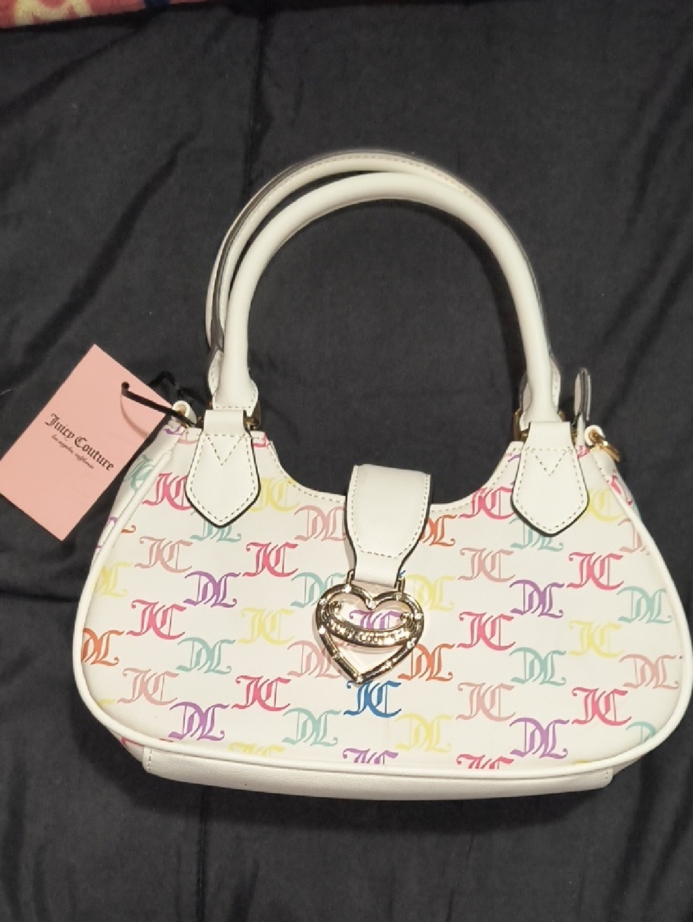 Juicy Couture White Satchel with Multicolor Logo Print and Gold Heart Lock